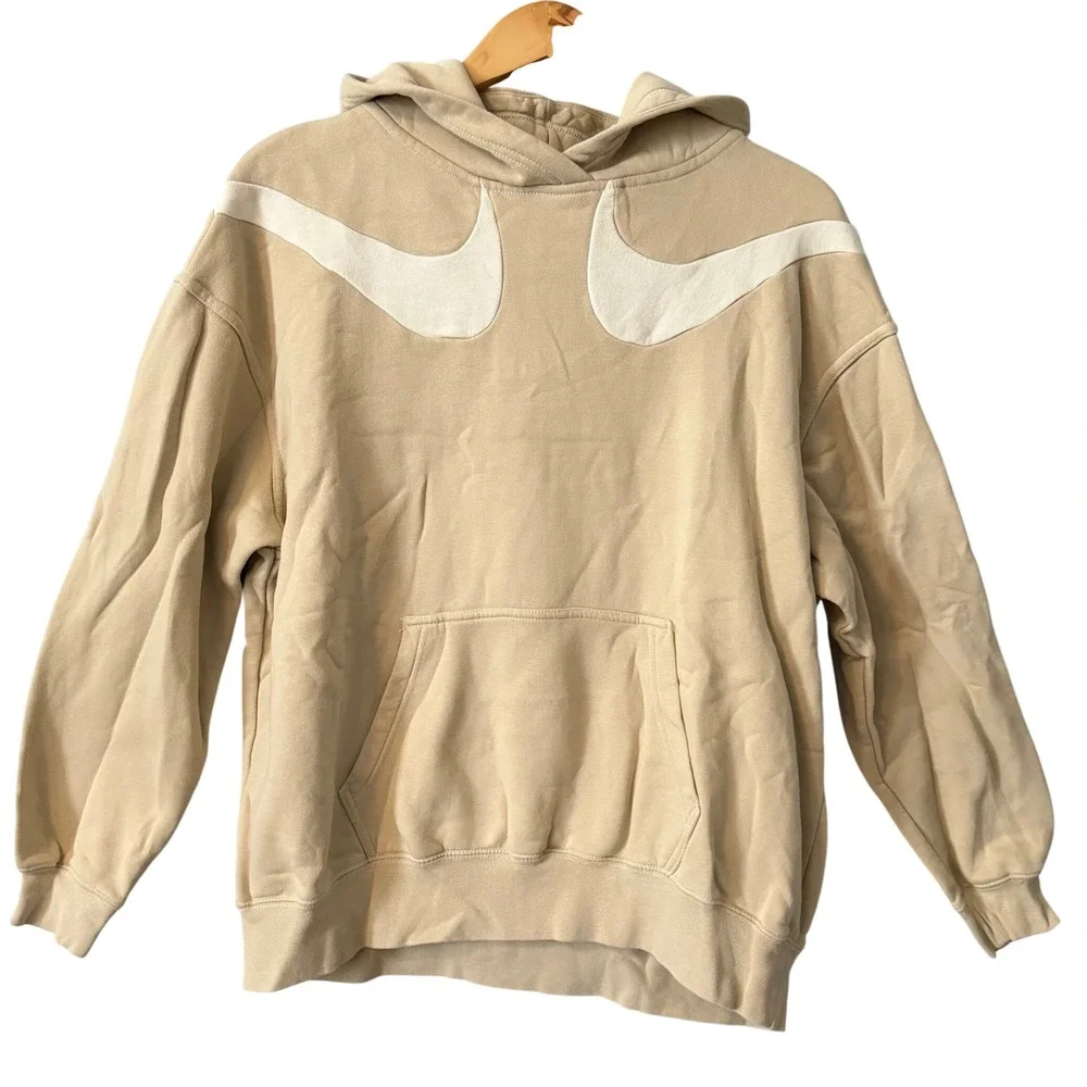 Nike Sz Medium Swoosh Hoodie Tan Beige Double Logo Pullover Sweatshirt Oversized
